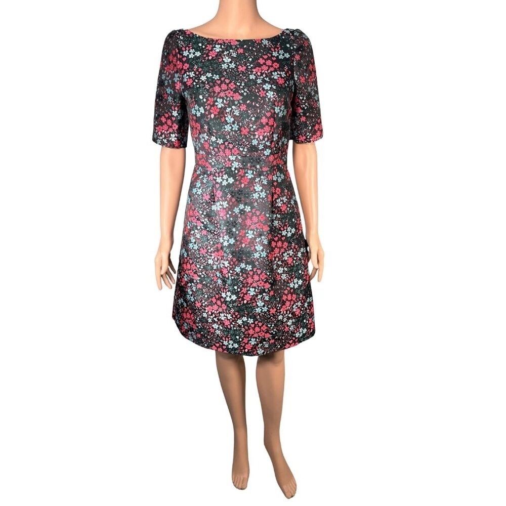 Boden Floral Jacquard Shift Dress Pink Blue Boat Neck Short Sleeve US 2R